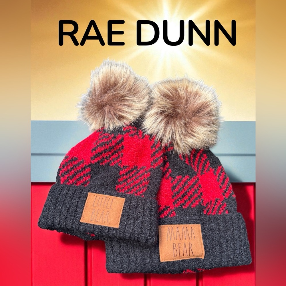 RAE DUNN-NWOT set of 2 beanies (Mama Bear & Little Bear) red/black faux fur. New